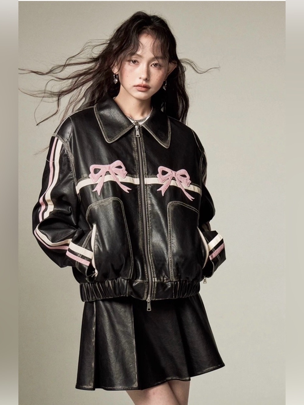 Diddi Moda Faux Leather Moto Jacket Large Bow Accents Coquette Edgy Oversized